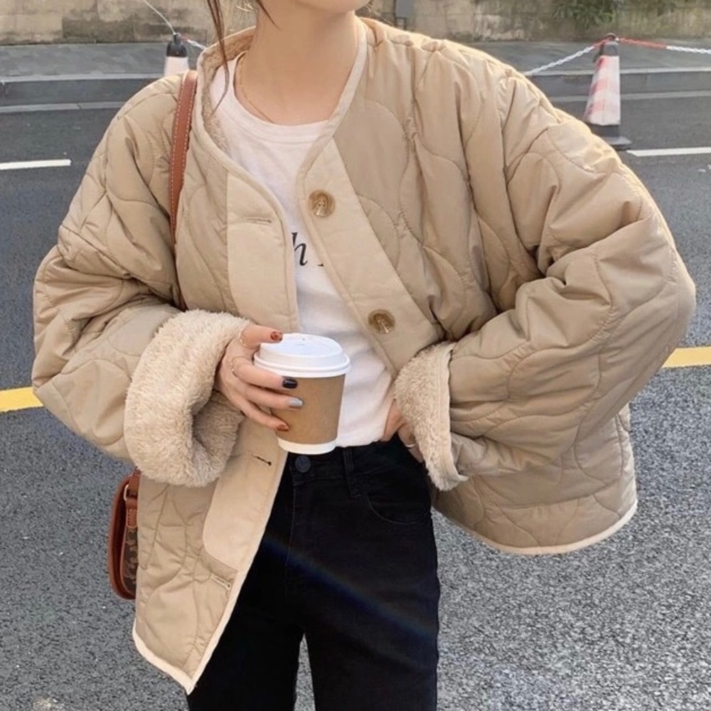 Coat jacket reversible cozy khaki beige tan pocket quilted puff women’s